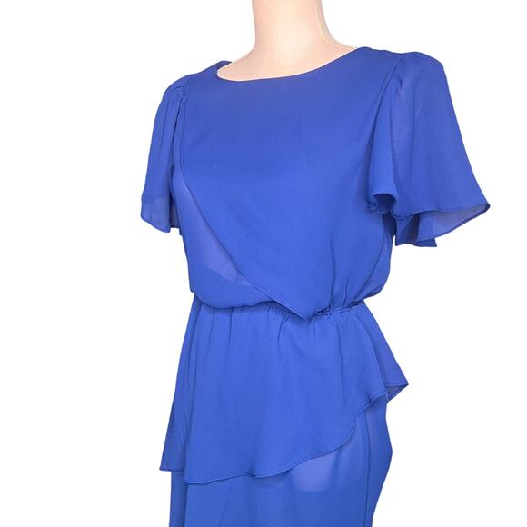 Vintage 70s Sheena Size XS Blue Sheer Chiffon Dress Ruffle Peplum Disco Career - Picture 5 of 12
